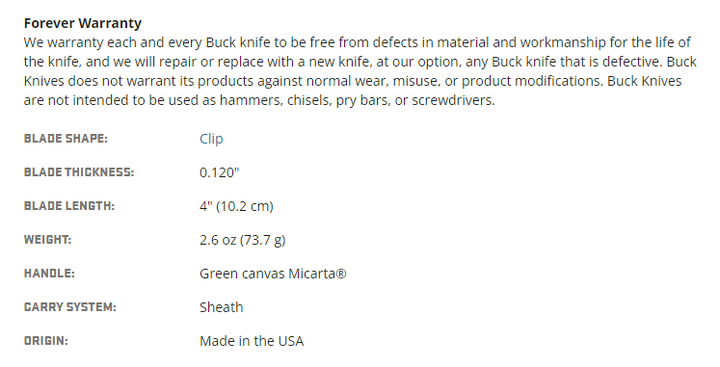 Buck Knives 102 Woodsman 0102GRS1-B Green Canvas Micarta HDL | Satin Steel Blade